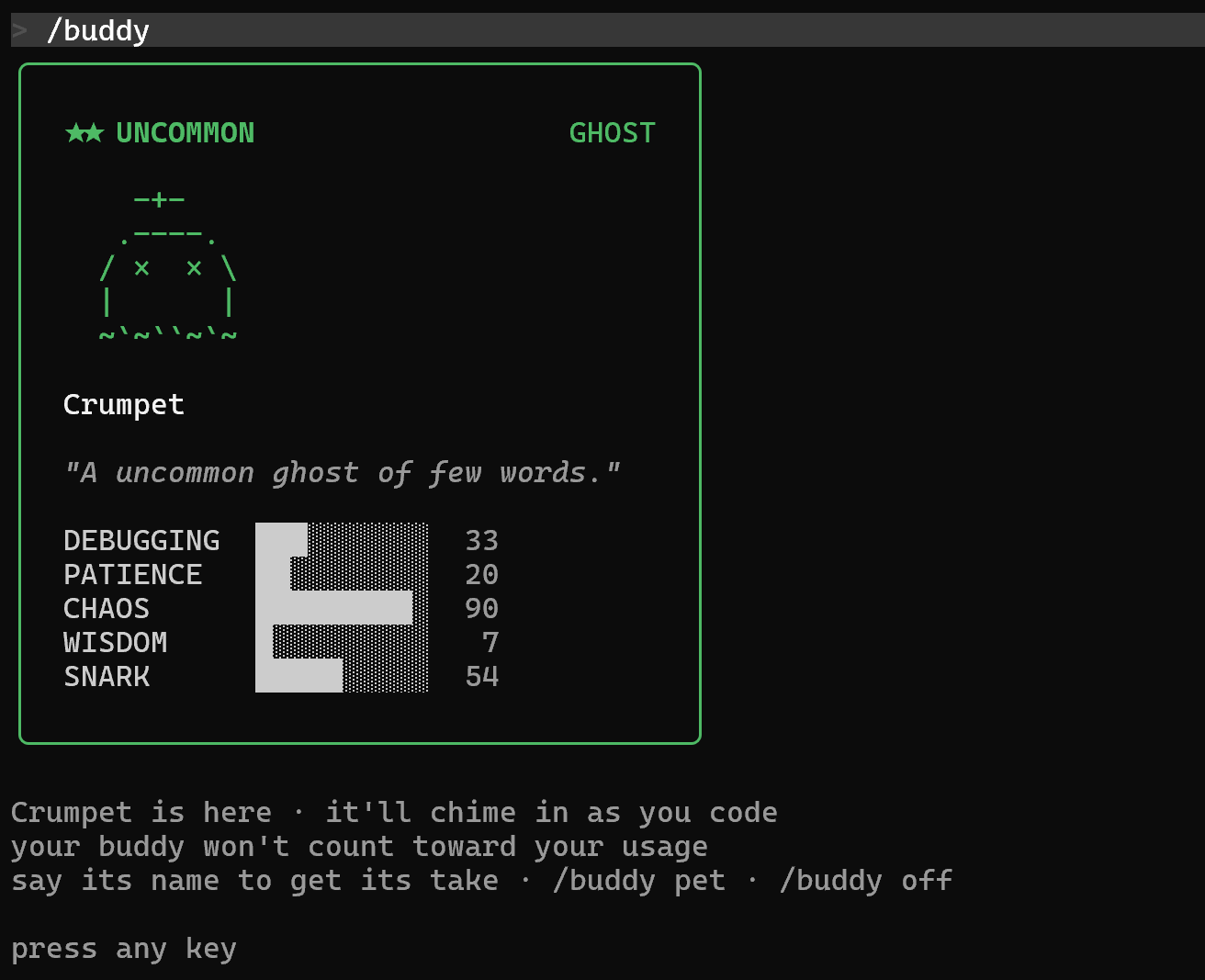 Claude Code BUDDY system - Crumpet the Ghost