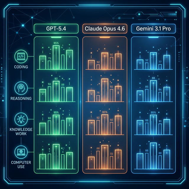 Benchmark comparison of GPT-5.4, Claude Opus 4.6, and Gemini 3.1 Pro across key performance categories