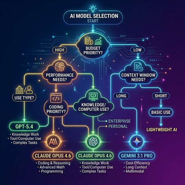 AI model selection guide — choosing between GPT-5.4, Claude Opus 4.6, and Gemini 3.1 Pro based on use case