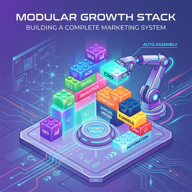 Modular growth stack showing how marketing skills build a complete automated marketing system