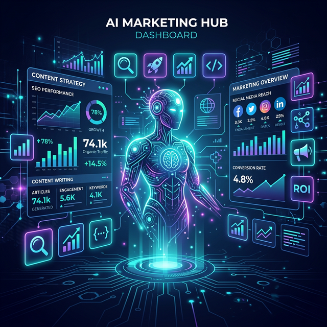 AI marketing dashboard showing SEO performance, content strategy, and conversion metrics powered by AI agent skills